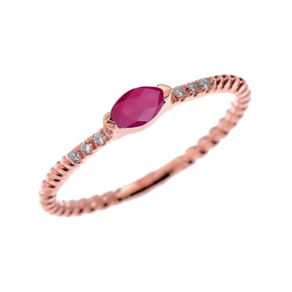 Rose Gold Dainty Solitaire Garnet And White Topaz Rope Design Promise/Stackable Ring