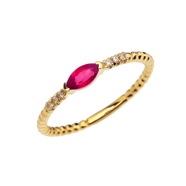 Diamond And Ruby Marquise Solitaire Beaded Band Proposal/Stackable Yellow Gold Ring