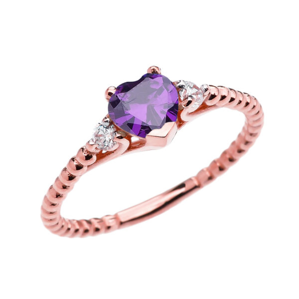 Amethyst Solitaire Heart And White Topaz Rose Gold Beaded Band Promise Ring