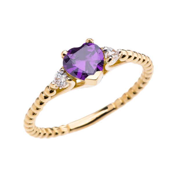 Amethyst Solitaire Heart And White Topaz Yellow Gold Beaded Band Promise Ring