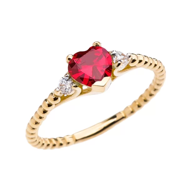 July Birthstone (Lcr) Ruby Solitaire Heart And White Topaz Yellow Gold Beaded Band Promise Ring