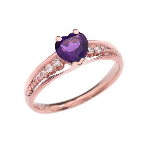 Diamond And Amethyst Heart Rose Gold Beaded Proposal Ring