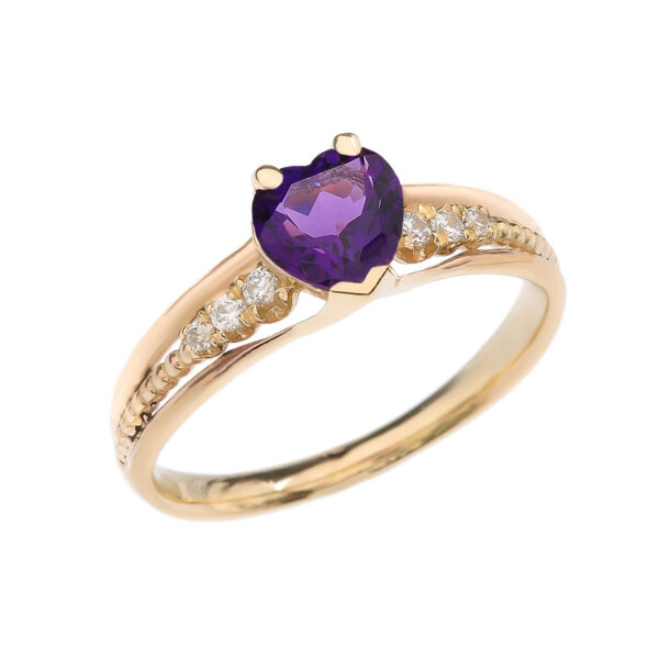 Diamond And Amethyst Heart Yellow Gold Beaded Proposal Ring