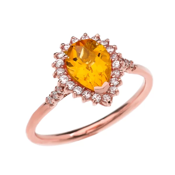 Diamond And Pear Shape Checkerboard Citrine Rose Gold Proposal Engagement Ring