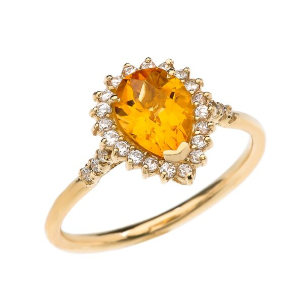 Diamond And Pear Shape Checkerboard Citrine Yellow Gold Proposal Engagement Ring