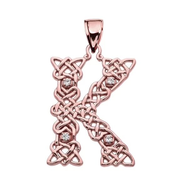 K" Initial In Celtic Knot Pattern Rose Gold Pendant Necklace With Diamond