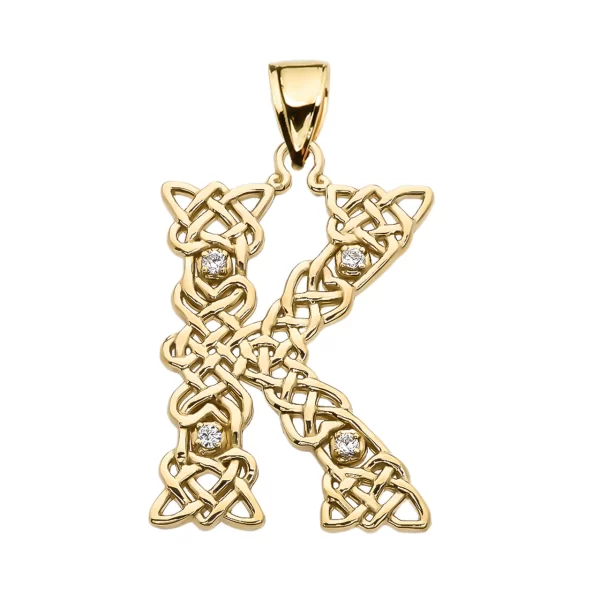 K" Initial In Celtic Knot Pattern Yellow Gold Pendant Necklace With Diamond