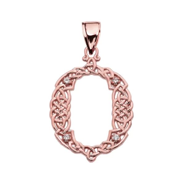 O Initial In Celtic Knot Pattern Rose Gold Pendant Necklace With Diamond