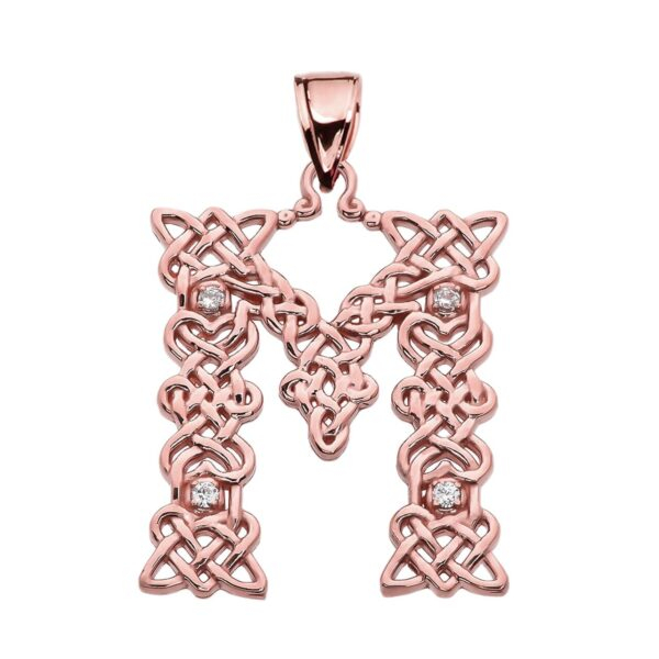 M" Initial In Celtic Knot Pattern Rose Gold Pendant Necklace With Diamond