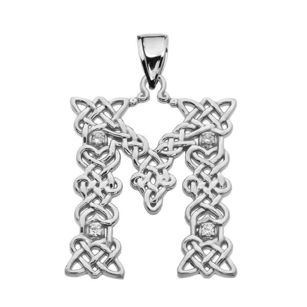M" Initial In Celtic Knot Pattern White Gold Pendant Necklace With Diamond