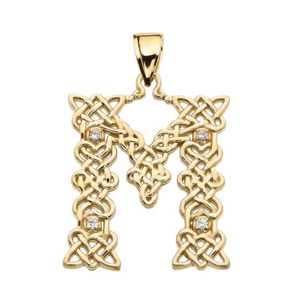 M" Initial In Celtic Knot Pattern Yellow Gold Pendant Necklace With Diamond