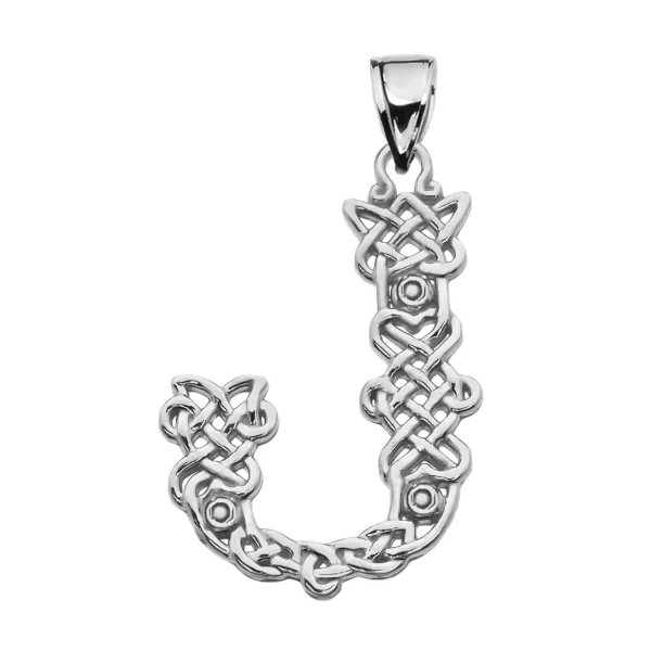 J" Initial In Celtic Knot Pattern Sterling Silver Pendant Necklace