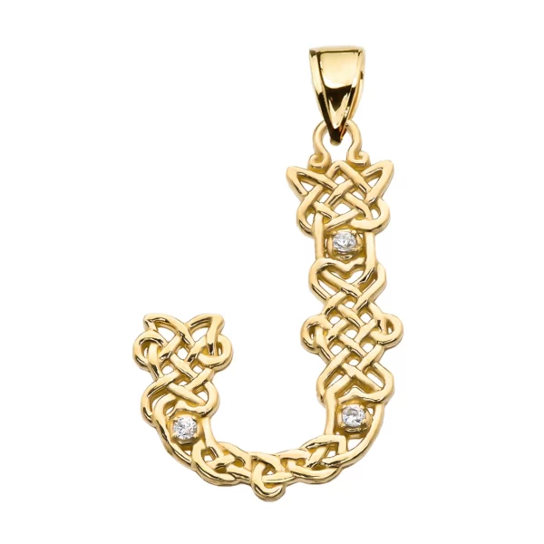 J" Initial In Celtic Knot Pattern Yellow Gold Pendant Necklace With Diamond