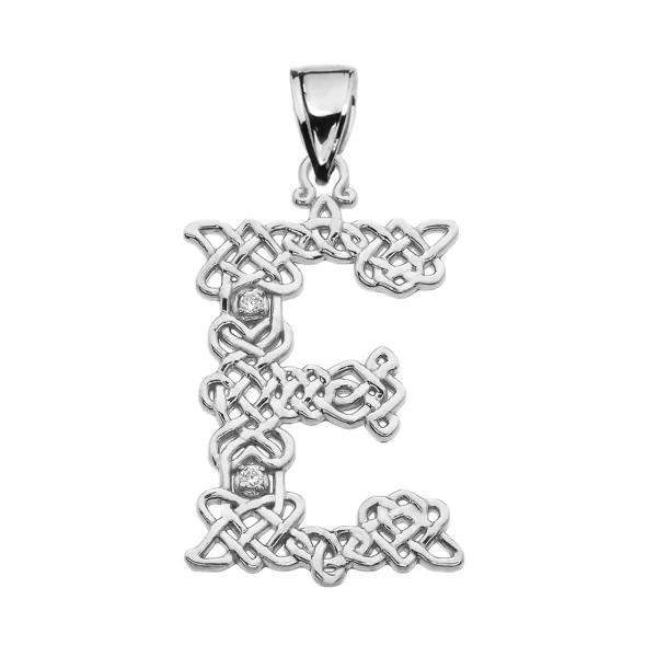 E" Initial In Celtic Knot Pattern White Gold Pendant Necklace With Diamond