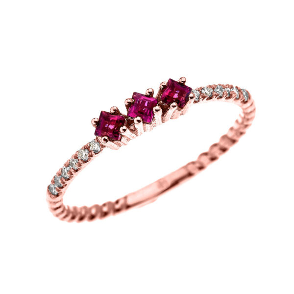 Rose Gold Dainty Three Stone Ruby And Diamond Rope Design Engagement/Proposal/Stackable Ring