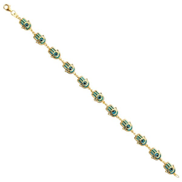 14K Hamsa Blue Evil Eye Bracelet - 7.5"