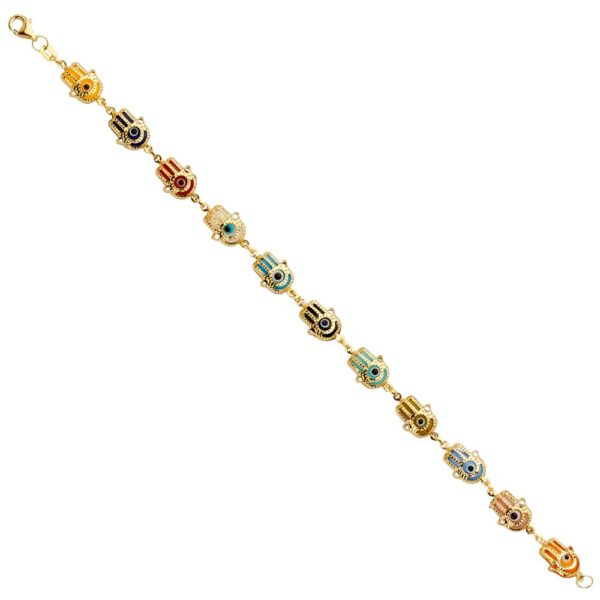 14K Hamsa Multi Color Evil Eye Bracelet - 7.5"