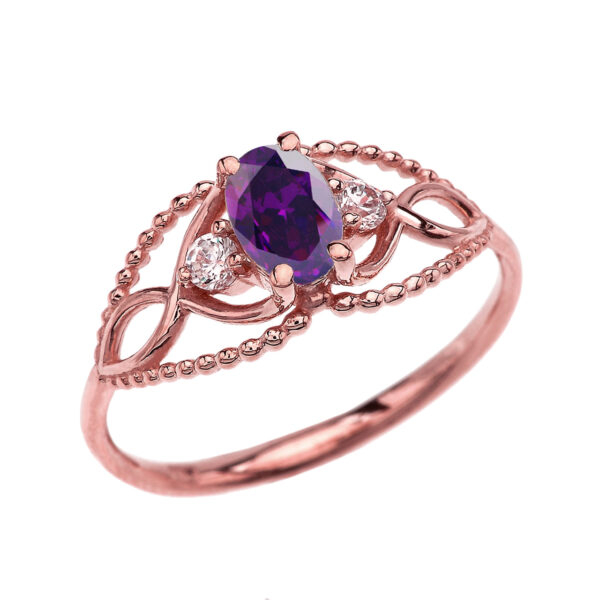 Elegant Beaded Solitaire Ring With Amethyst Centerstone And White Topaz In Rose Gold