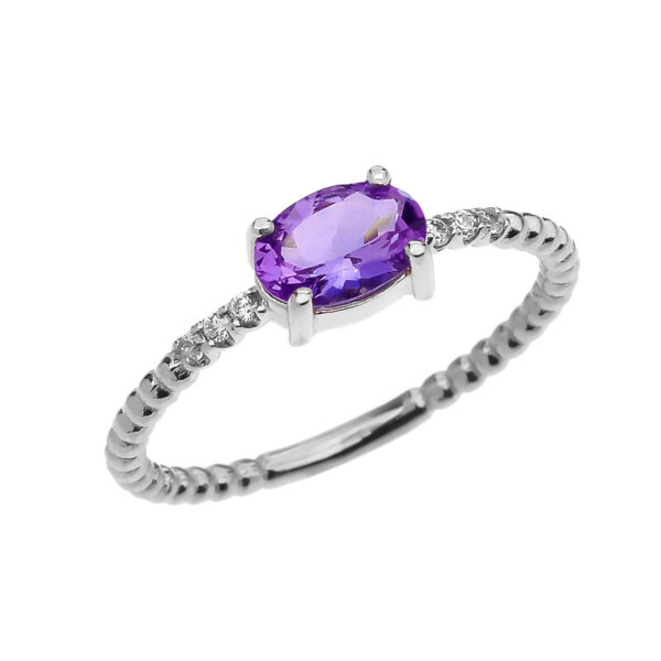 Diamond Beaded Band Ring With Amethyst Centerstone In White Gold