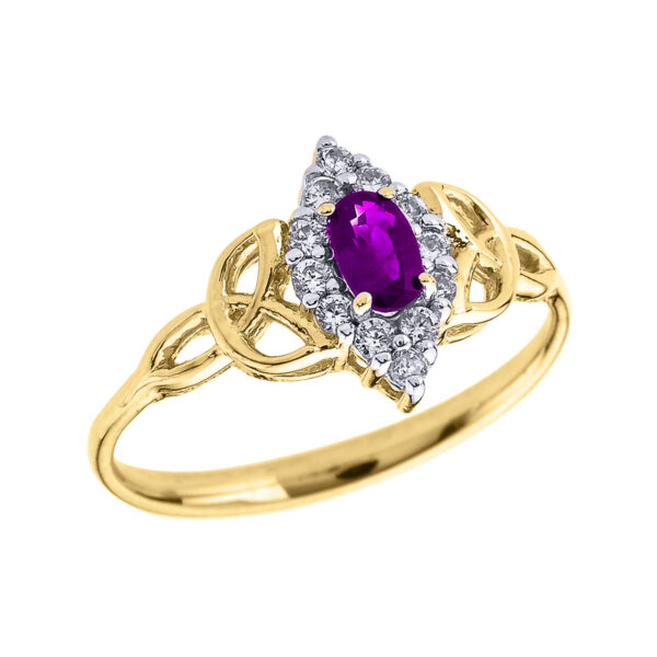 Yellow Gold Diamond And Oval Amethyst Trinity Knot Proposal Ring