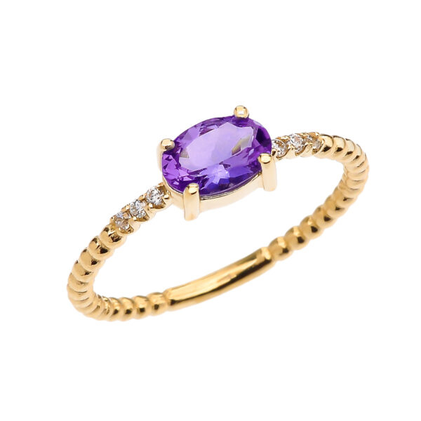 Diamond Beaded Band Ring With Amethyst Centerstone In Yellow Gold