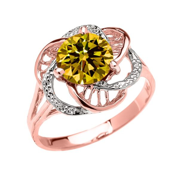 Rose Gold Cz Citrine Solitaire Modern Flower Ladies Ring