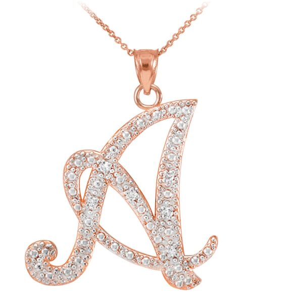 14k Rose Gold Letter Script "A" Diamond Initial Pendant Necklace