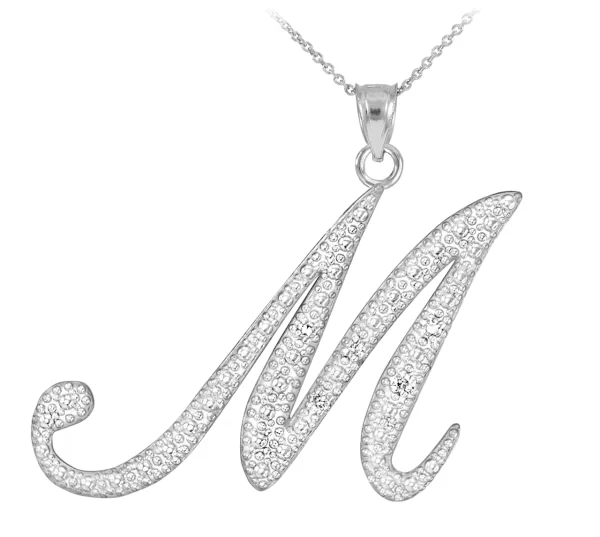 Sterling Silver Letter Script "M" Cz Initial Necklace
