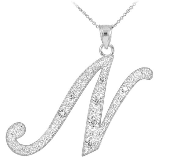 Sterling Silver Letter Script "N" Cz Initial Necklace