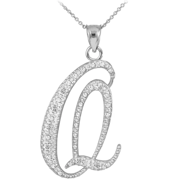 Sterling Silver Letter Script "Q" Cz Initial Necklace