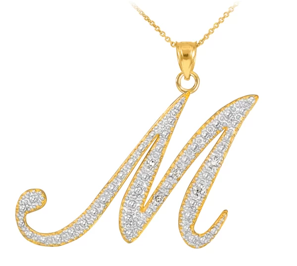 14k Gold Letter Script "M" Diamond Initial Pendant Necklace