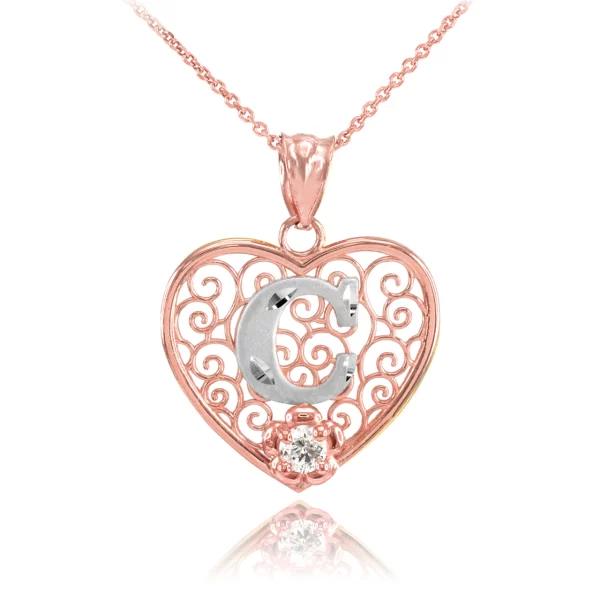 Two Tone Rose Gold Filigree Heart "C" Initial Cz Pendant Necklace