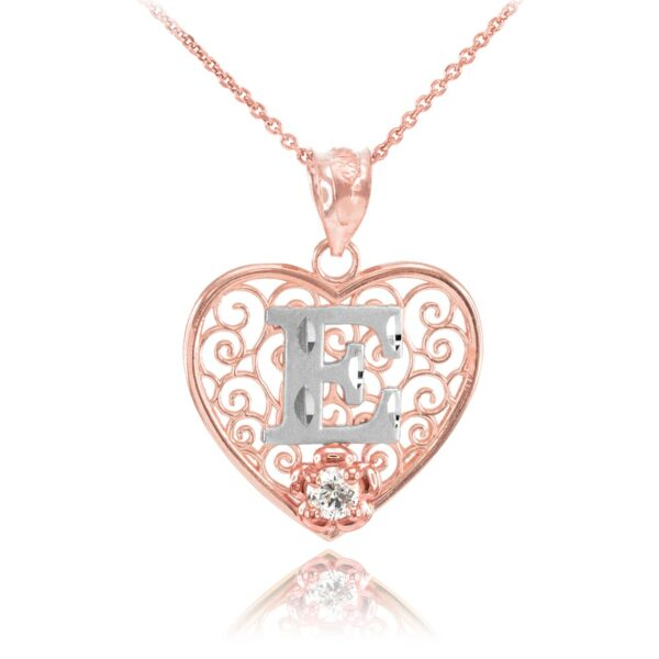 Two Tone Rose Gold Filigree Heart "E" Initial Cz Pendant Necklace