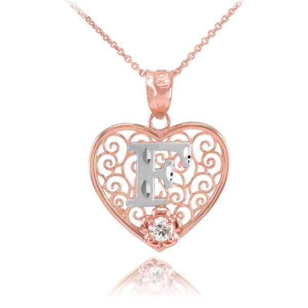 Two Tone Rose Gold Filigree Heart "F" Initial Cz Pendant Necklace