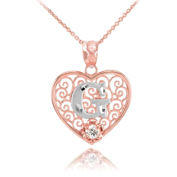 Two Tone Rose Gold Filigree Heart "G" Initial Cz Pendant Necklace