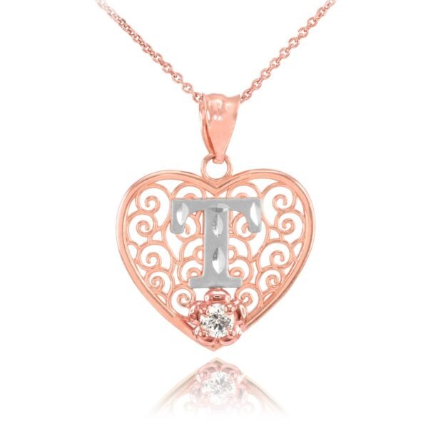 Two Tone Rose Gold Filigree Heart "T" Initial Cz Pendant Necklace