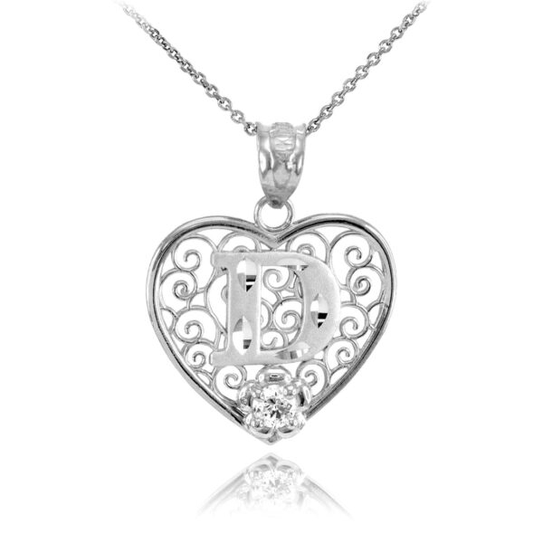 White Gold Filigree Heart "D" Initial Cz Pendant Necklace