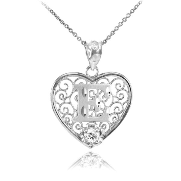 White Gold Filigree Heart "E" Initial Cz Pendant Necklace