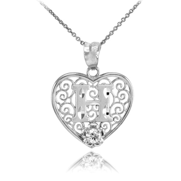 Silver Filigree Heart "H" Initial Cz Pendant Necklace