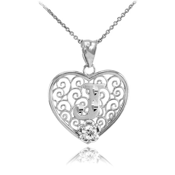 Silver Filigree Heart "J" Initial Cz Pendant Necklace