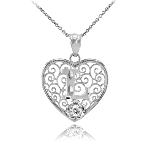 Silver Filigree Heart "L" Initial Cz Pendant Necklace