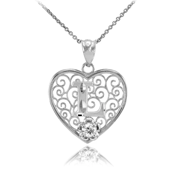 White Gold Filigree Heart "L" Initial Cz Pendant Necklace