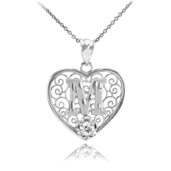 Silver Filigree Heart "M" Initial Cz Pendant Necklace