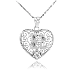 White Gold Filigree Heart "R" Initial Cz Pendant Necklace