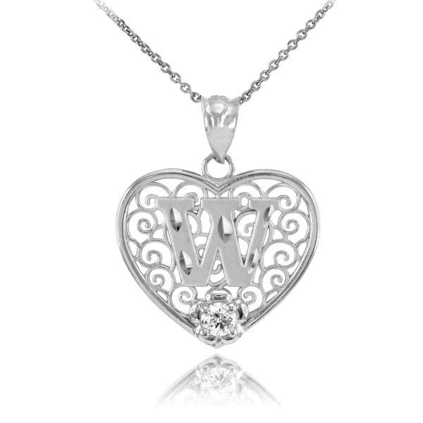 White Gold Filigree Heart "W" Initial Cz Pendant Necklace