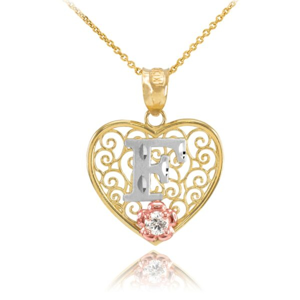 Two Tone Yellow Gold Filigree Heart "F" Initial Cz Pendant Necklace