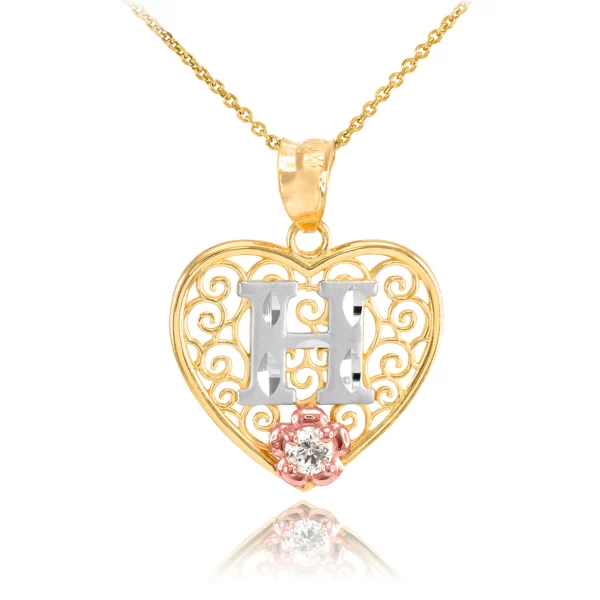 Two Tone Yellow Gold Filigree Heart "H" Initial Cz Pendant Necklace