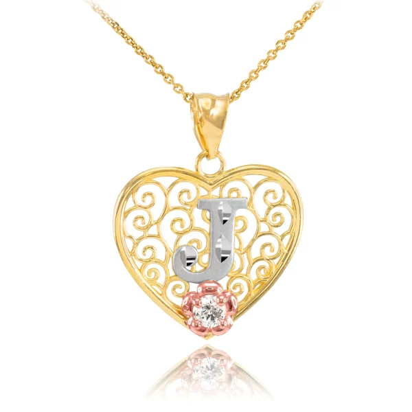 Two Tone Yellow Gold Filigree Heart "J" Initial Cz Pendant Necklace