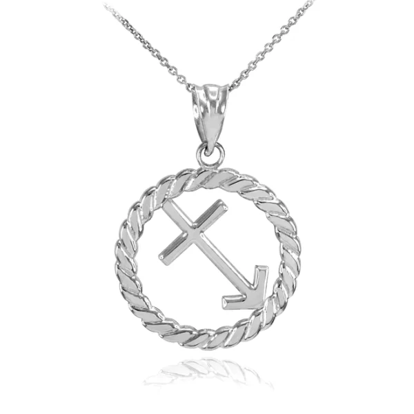 White Gold Sagittarius Zodiac Sign In Circle Rope Pendant Necklace