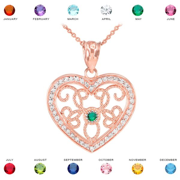 Rose Gold Filigree Heart Diamond And Cz Pendant Necklace